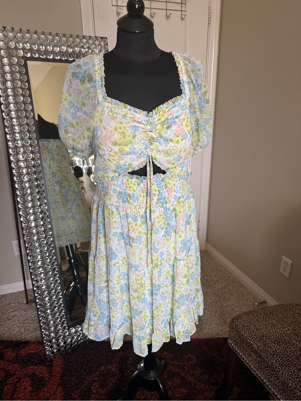 Pastel Floral Smocked Mini Dress in Blue and Green